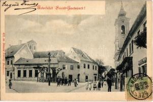 1903 Szentendre, Fő tér, templom, Perlusz László mészáros és Risztits Pántó üzlete. Divald Károly 411. TCV card + Eugen Dumtsa bélyegző (EK)