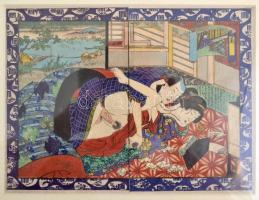 cca 1840 Utagawa iskola Shunga erotikus japán fametszet 19x24 cm üvegezett keretben / ca 1840 Japan, Utagawa school. Erotic Shunga wood plate engraving. 19x24 cm In glazed frame