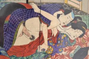 cca 1840 Utagawa iskola Shunga erotikus japán fametszet 19x24 cm üvegezett keretben  / ca 1840 Japan...