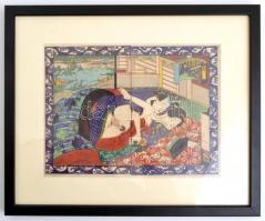 cca 1840 Utagawa iskola Shunga erotikus japán fametszet 19x24 cm üvegezett keretben  / ca 1840 Japan...