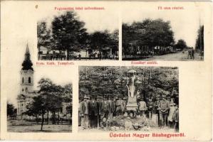1910 Magyarbánhegyes, Fogyasztási hitel szövetkezet üzlete, Fő utca, Erzsébet királyné (Sisi) emlékmű, Római katolikus templom (EK)