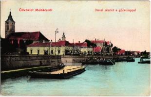 1909 Mohács, Dunai részlet a gőzkomppal, templom. Kiadja Blandl János (EK)