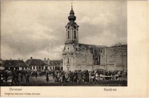Devecser, Petőfi tér, piac árusokkal, lerombolt templomfal, templomrom. Rosenberg Zsigmond kiadása