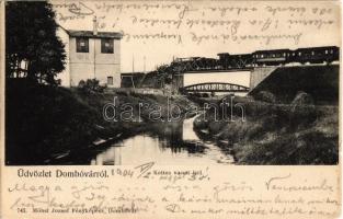 1904 Dombóvár, Kettes vasúti híd vonattal. Möhsl József fényképész