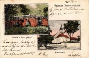 1905 Szécsény, Nagyszécsény; Részlet a Gross parkból (kastélypark), Ferences templom. Kiadja Körmendy Géza