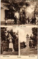 1935 Öcsöd, Hősök szobra, emlékmű, Református templom, Hangya Fogyasztási Szövetkezet üzlete és saját kiadása, férfi kerékpárral