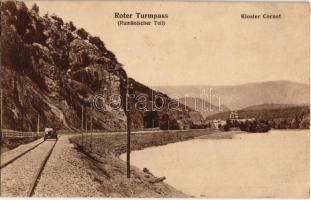 Vöröstoronyi-szoros, Roter-Turm-Pass, Pasul Turnu Rosu; Cornet kolostor az Olt folyó partján, hajtány a vasúti síneken. Jos. Drotleff Nr. 314. / Kloster Cornet / Romanian Orthodox monastery, Olt riverbank, handcar on the railway tracks