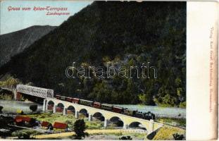 Vöröstoronyi-szoros, Roterturmpass, Pasul Turnu Rosu; Magyar-román országhatár, vasúti híd gőzmozdonnyal. Graef Károly kiadása / Hungarian-Romanian border, railway bridge with locomotive (fl)