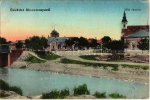 1912 Simontornya, Sió folyó részlete, híd, Római katolikus templom