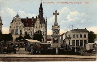 1917 Karánsebes, Caransebes; Fő tér, Kereszt, piac, városház / Piata principala / main square, Cross monument, market, town hall  (EK)