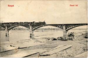 1912 Szeged, Vasúti híd, gőzmozdony, fatelep (fl)