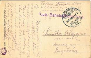 1918 Királyháza, Koroleve; vasútállomás, vasutasok, vonat, csendőr / Bahnhof / railway station with ...