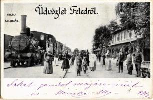 1901 Feled, Veladin, Jesenské; vasútállomás gőzmozdonnyal / railway station, locomotive (EK)