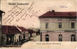 1906 Érsekújvár, Nové Zámky; Árpád utca, Krendl kőbányai sörcsarnok, könyvnyomda / street view with beer hall and printing shop (EK)