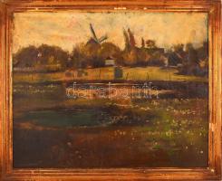 Jelzés nélkül: Faluszél szélmalommal. Olaj, vászon, foltos, keretben, 55×68 cm