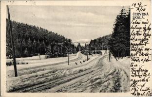 1927 Vereskő, Cervená Skala (Királyhegyalja, Sumjácz, Sumiac); út télen / road in winter (EK)