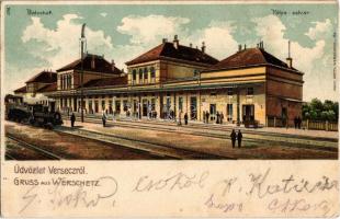 1904 Versec, Vrsac; vasútállomás, gőzmozdony / Bahnhof / railway station, locomotive. Wilih. Wettl. litho