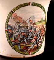 cca 1916 harci jelenetes porcelán hadimozsár, matricás, jelzés nélkül, apró csorbákkal, törő nélkül,...