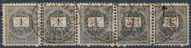 1889 1kr ötöscsík 11 1/2 fogazással, összefüggő típusokkal, lemezhibával / stripe of 5 with perf 11 1/2, type varieties, plate flaw