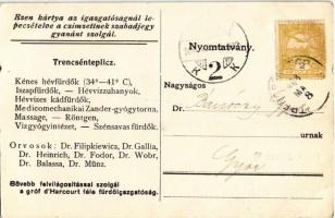 1908 Trencsénteplic, Trencianske Teplice; Gróf d'Harcourt féle fürdőigazgatóság szabadjegyként ...
