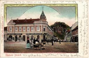 1902 Déva, Fő tér, háttérben a vár, Holtzer Károly, Szőcs F. Lajos és Hirsch Testvérek üzlete, piaci árusok. Hirsch Adolf kiadása / main square with shops, market vendors, castle in the background