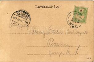 1902 Déva, Fő tér, háttérben a vár, Holtzer Károly, Szőcs F. Lajos és Hirsch Testvérek üzlete, piaci...