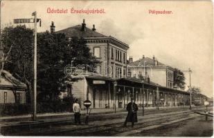 1908 Érsekújvár, Nové Zámky; vasútállomás, vasutasok. Adler József kiadása / Bahnhof / railway station, railwaymen (fl)