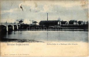 1904 Érsekújvár, Nové Zámky; Nyitra hídja, Bánhegyi féle bőrgyár. Conlegner J. és fia kiadása / Nitra river bridge, leather factory (tannery)