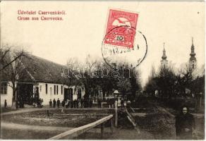 1913 Cservenka, Crvenka; utcakép, templom, üzlet / street view with church and shop. TCV card