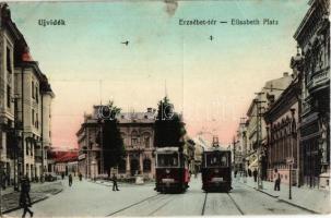 Újvidék, Novi Sad; Erzsébet tér, villamosok a pályaudvar felé, gyógyszertár / square, trams, pharmacy (EK)