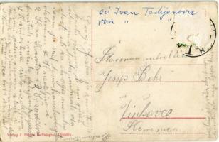 Újvidék, Novi Sad; Temerini utca, villamos, hirdetőoszlop Gumbinger és Baumann, Elkan Gyula szűcs és...