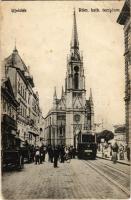 Újvidék, Novi Sad; Római katolikus templom, villamos. Hohlfeld J. kiadása / street view with tram and church (EK)