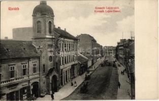 Újvidék, Novi Sad; Kossuth Lajos utca, Örmény templom, Dr. Blau fogorvos, Matkovics Rókus üzlete. Ábrahám János kiadása / street view with Armenian church, dentistry and shop