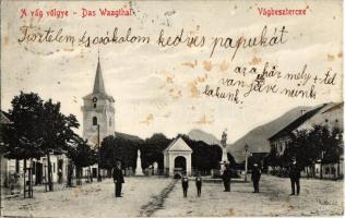 1910 Vágbeszterce, Povazská Bystrica (Tátra); Vág völgye, Fő tér, templom, szobor / Vah valley, main square, church, statue (fl)