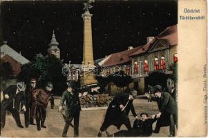 1907 Törökbecse, Újbecse, Novi Becej; Fő tér, Royal szálloda, Turul szabadság szobor, Vidovits Dusan üzlete. részeges humoros montázs este / main square, hotel, shop, statue. Drunk humour montage at night (fl)
