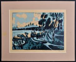 Doór Ferenc (1918-2015): Halastó. Színes linómetszet, papír-karton, 24×34 cm