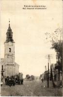 1934 Vásárosnamény, utcakép a Református templommal, szekerek. Kiadja a Hangya Szövetkezet (EK)