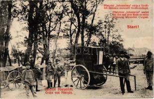 1911 Pöstyén, Piestany; Infanterista várja a fürdőből lakására menendő fürdővendéget. Gipsz H. kiadása/ Infanterist / spa carriage. Start!