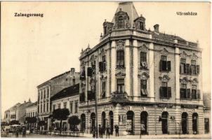 Zalaegerszeg, Városháza, Garai Lipót, Neufeld Izidor boltja, Breisach Sámuel üzlete és saját kiadása + 1915 Celldömölk-Csáktornya 83. vasút bélyegző, mozgóposta