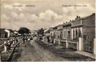 Gálszécs, Secovce; Terna utca. Zsidó vendéglő a körtefához héber írással / street view with Jewish restaurant, Hebrew text  (fa)