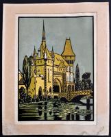 Jánosi Sándor (1927-1982): Vajdahunyad vár. Színes linó, papír, jelzett, 39×28 cm