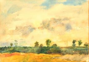 Gulyás Dénes (1927-2003): Alföldi táj. Akvarell, papír, jelzés nélkül, üvegezett keretben, 29×39 cm