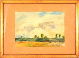 Gulyás Dénes (1927-2003): Alföldi táj. Akvarell, papír, jelzés nélkül, üvegezett keretben, 29×39 cm