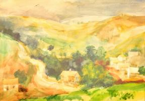 Gulyás Dénes (1927-2003): Völgy házakkal. Akvarell, papír, jelzés nélkül, üvegezett keretben, 29×39 cm