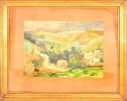 Gulyás Dénes (1927-2003): Völgy házakkal. Akvarell, papír, jelzés nélkül, üvegezett keretben, 29×39 ...