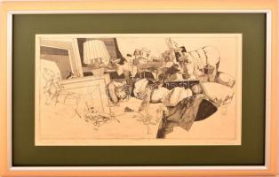 Bálványos Huba (1938- ): Tárgyak. Rézkarc, papír jelzett, üvegezett keretben, 24×40 cm