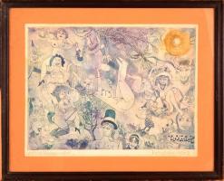 Kondor Lajos (1926-2006): Boszorkányszombat. Színes rézkarc, papír, jelzett, üvegezett keretben, 29×...