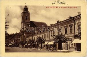 1911 Kolozsvár, Cluj; Kossuth Lajos utca, Evangélikus templom, üzletek / street view, Lutheran church, shops (EK)