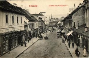 1908 Kolozsvár, Cluj; Wesselényi Miklós utca, Kovács József, Ifj. Buzetzko Domokos üzlete, Pannonia szálloda / street view with hotel and shops (fl)