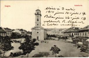 1914 Lugos, Lugoj; Izabella tér, Görögkatolikus templom, üzletek, piac. Kiadja Sziklai Lajos / square, Greek Catholic church, shops, market